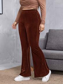 SHEIN EZwear Plus Size Velvet Flare Leg Pants - Brown - View 1