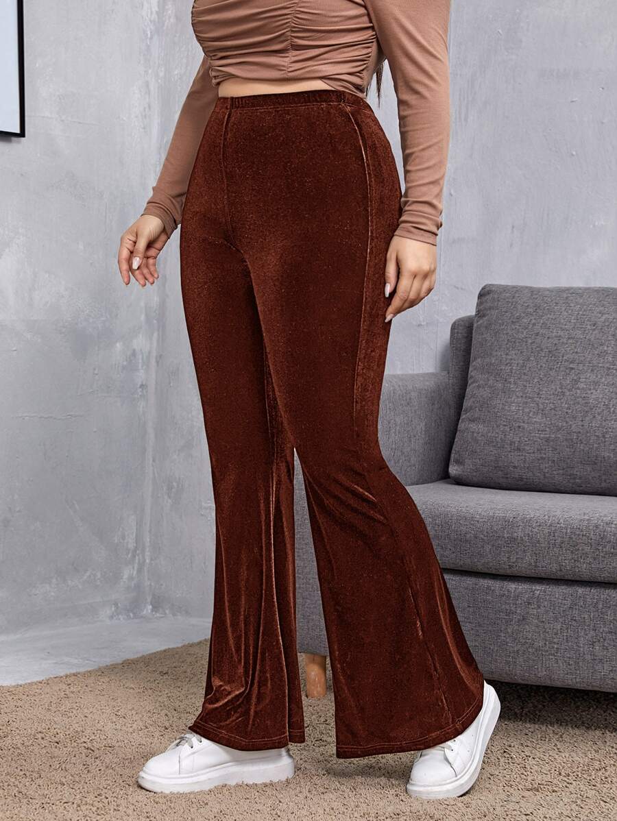 SHEIN EZwear Plus Size Velvet Flare Leg Pants - Brown - View 1
