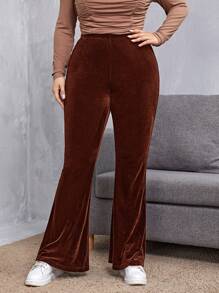 SHEIN EZwear Plus Size Velvet Flare Leg Pants - Brown - View 4