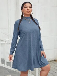 SHEIN EZwear 大碼小高領T恤連衣裙 - 霧霾藍 - 查看 1