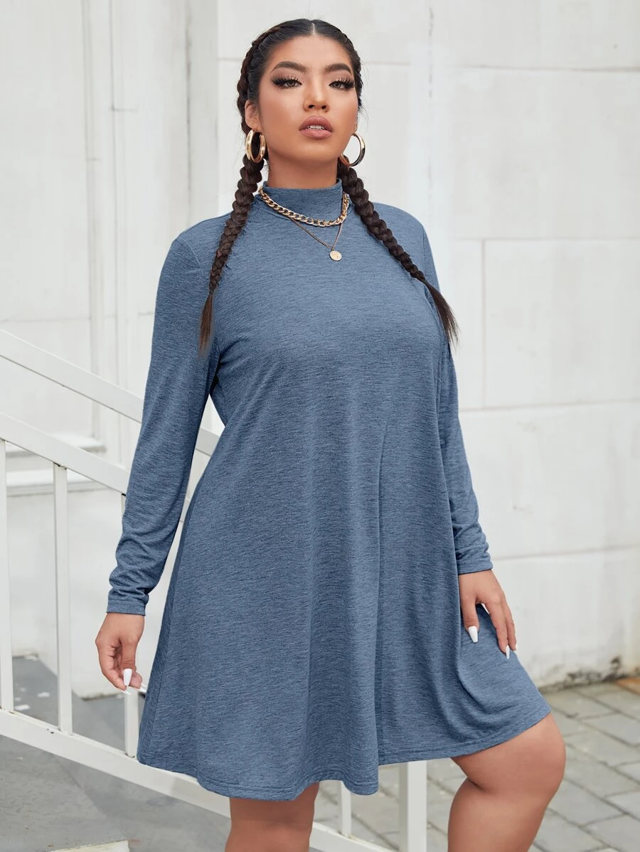 SHEIN EZwear 大碼小高領T恤連衣裙 - 霧霾藍 - 查看 1