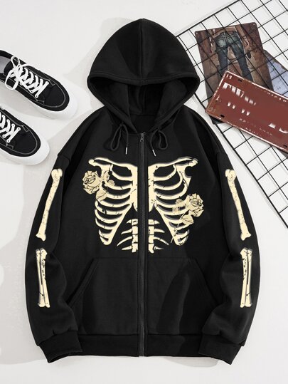 Hombres Capucha estampado de esqueleto con cremallera con forro térmico