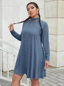 SHEIN EZwear 大碼小高領T恤連衣裙 - 霧霾藍 - 查看 4