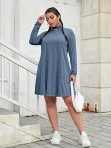 SHEIN EZwear 大碼小高領T恤連衣裙 - 霧霾藍 - 查看 5