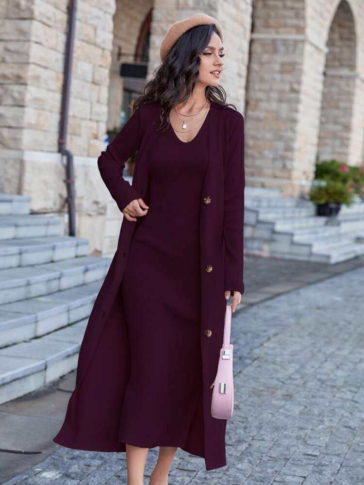 Solid Sleeveless Sweater Dress & Button Front Cardigan 2 Piece Set