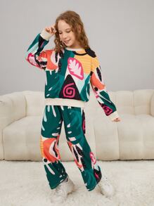 blue Girls Tropical Print Drop Shoulder Pullover & Joggers - Multicolor - View 1