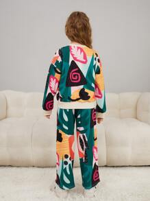 blue Girls Tropical Print Drop Shoulder Pullover & Joggers - Multicolor - View 2