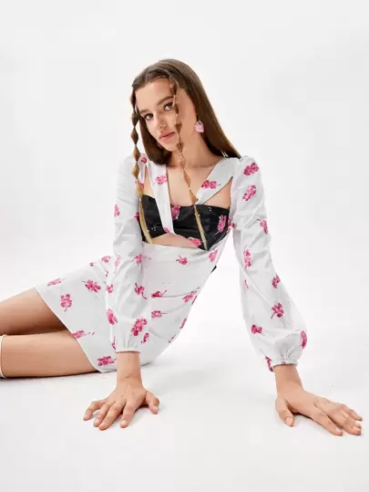 INSIGNIA Designer Floral Print Cut Out Long Sleeve Elegant Dress, For Holiday, Party, Birthday Outfits, Spring, Festival