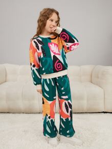 blue Girls Tropical Print Drop Shoulder Pullover & Joggers - Multicolor - View 3