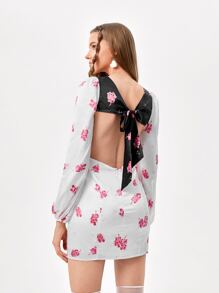 INSIGNIA 设计师花卉印花镂空长袖优雅连衣裙，适合节日、派对、生日服装、春季、节日 - 彩色 - 查看 2