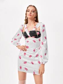 INSIGNIA 设计师花卉印花镂空长袖优雅连衣裙，适合节日、派对、生日服装、春季、节日 - 彩色 - 查看 4