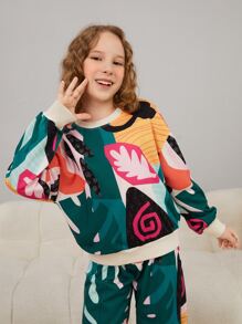blue Girls Tropical Print Drop Shoulder Pullover & Joggers - Multicolor - View 5
