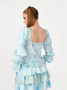 INSIGNIA Áo nữ Xù Thắt nơ trước Hoa Boho - Màu xanh nhạt - Xem 3