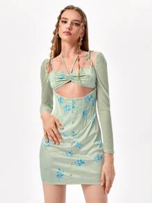 INSIGNIA 印花胸部褶皺後背繫帶垂墜鏤空洋裝 - 薄荷綠 - 查看 1