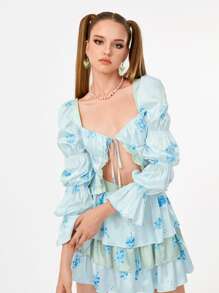 INSIGNIA Áo nữ Xù Thắt nơ trước Hoa Boho - Màu xanh nhạt - Xem 4