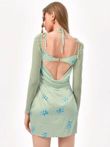 INSIGNIA 印花胸部褶皺後背繫帶垂墜鏤空洋裝 - 薄荷綠 - 查看 2