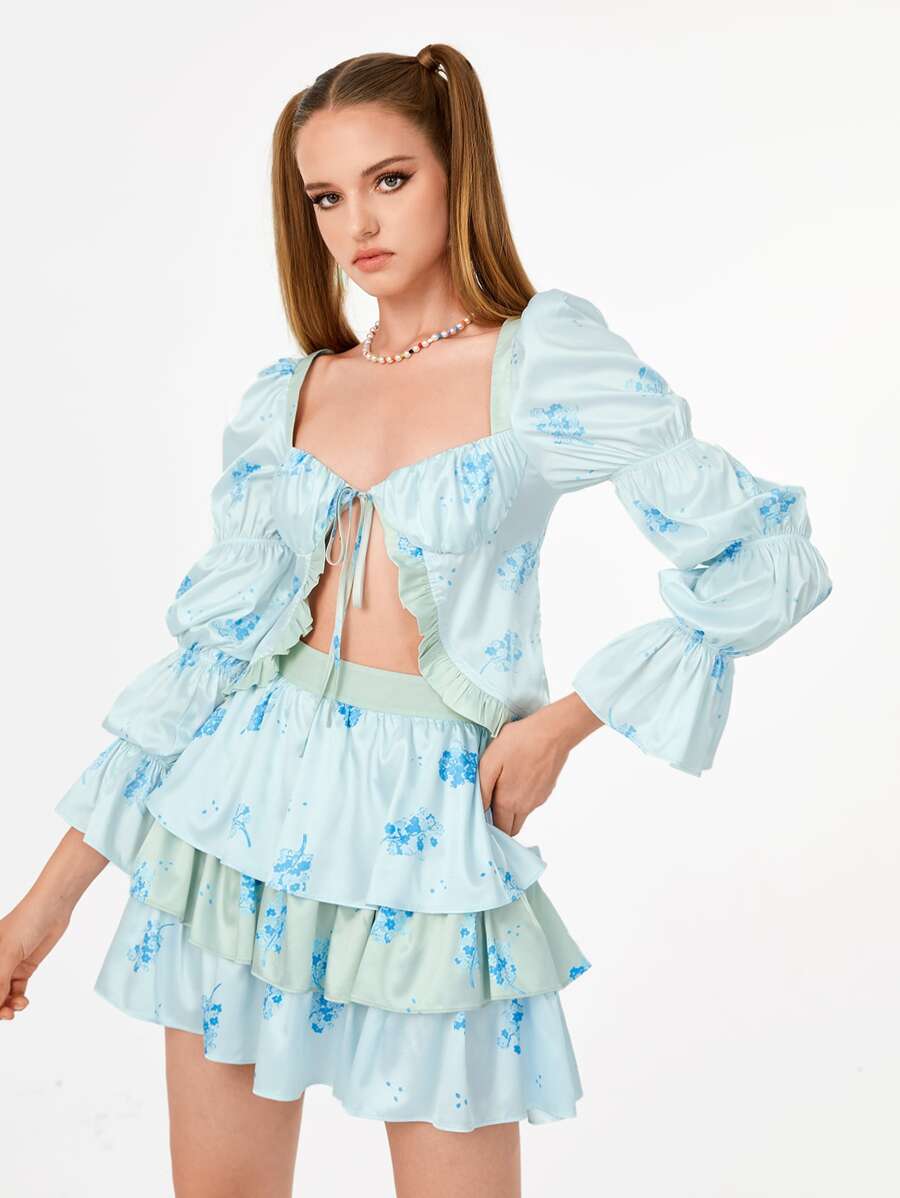 INSIGNIA Áo nữ Xù Thắt nơ trước Hoa Boho - Màu xanh nhạt - Xem 1