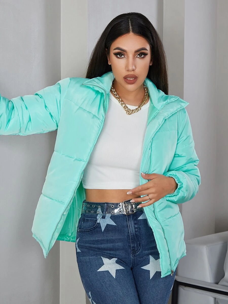 Eilly Bazar Zip Up Padded Coat For Winter - Mint Blue - View 1