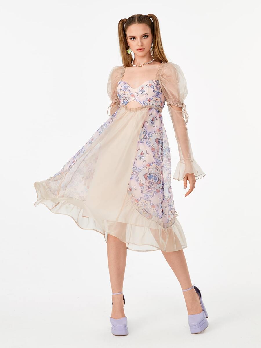 WANDERFUL 圖案印花褶邊荷葉邊連衣裙 - 彩色 - 查看 1