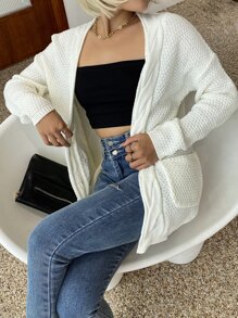 AAmilife 雙口袋落肩袖麻花編織開襟開衫 - 白色 - 查看 8