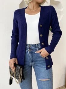 AAmilife 條紋針織落肩袖開襟衫 - 藏蓝色 - 查看 1