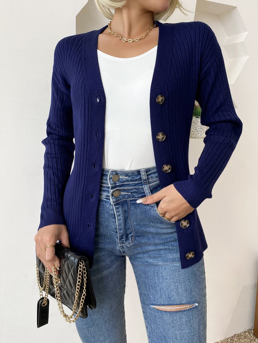 AAmilife 條紋針織落肩袖開襟衫 - 藏蓝色 - 查看 1