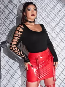 ROMWE PUNK 大碼大圓領鏤空連身背心 - 黑色 - 查看 4