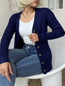 AAmilife 條紋針織落肩袖開襟衫 - 藏蓝色 - 查看 5