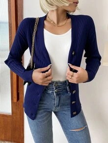 AAmilife 條紋針織落肩袖開襟衫 - 藏蓝色 - 查看 6