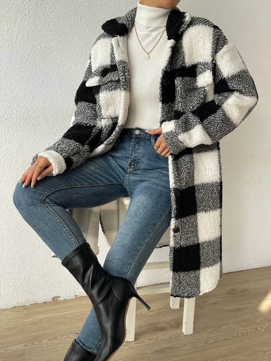 Chiquease Women's Plaid Drop Shoulder Long Sleeve Single-Breasted Casual Fleece Jacket, Autumn/Winter - Black and White - View 1