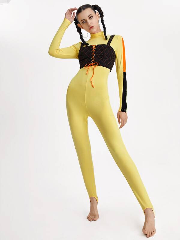 IFLYUNIVERSE Mono de 2 en 1 con bloque de color, cuello alto y cordones delanteros para mujer, para vacaciones y festivales