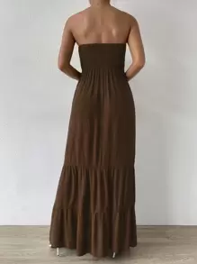 SHEIN LUNE 打褶荷葉邊超長抹胸連衣裙 - 巧克力棕 - 查看 2