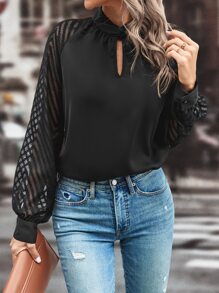 SHEIN Clasi Keyhole Neck Contrast Chevron Mesh Bishop Sleeve Blouse - Black - View 5