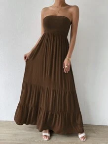 SHEIN LUNE 打褶荷葉邊超長抹胸連衣裙 - 巧克力棕 - 查看 4