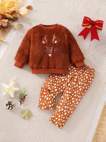 Baby Deer Embroidery Teddy Sweatshirt & Trousers - Multicolor - View 1