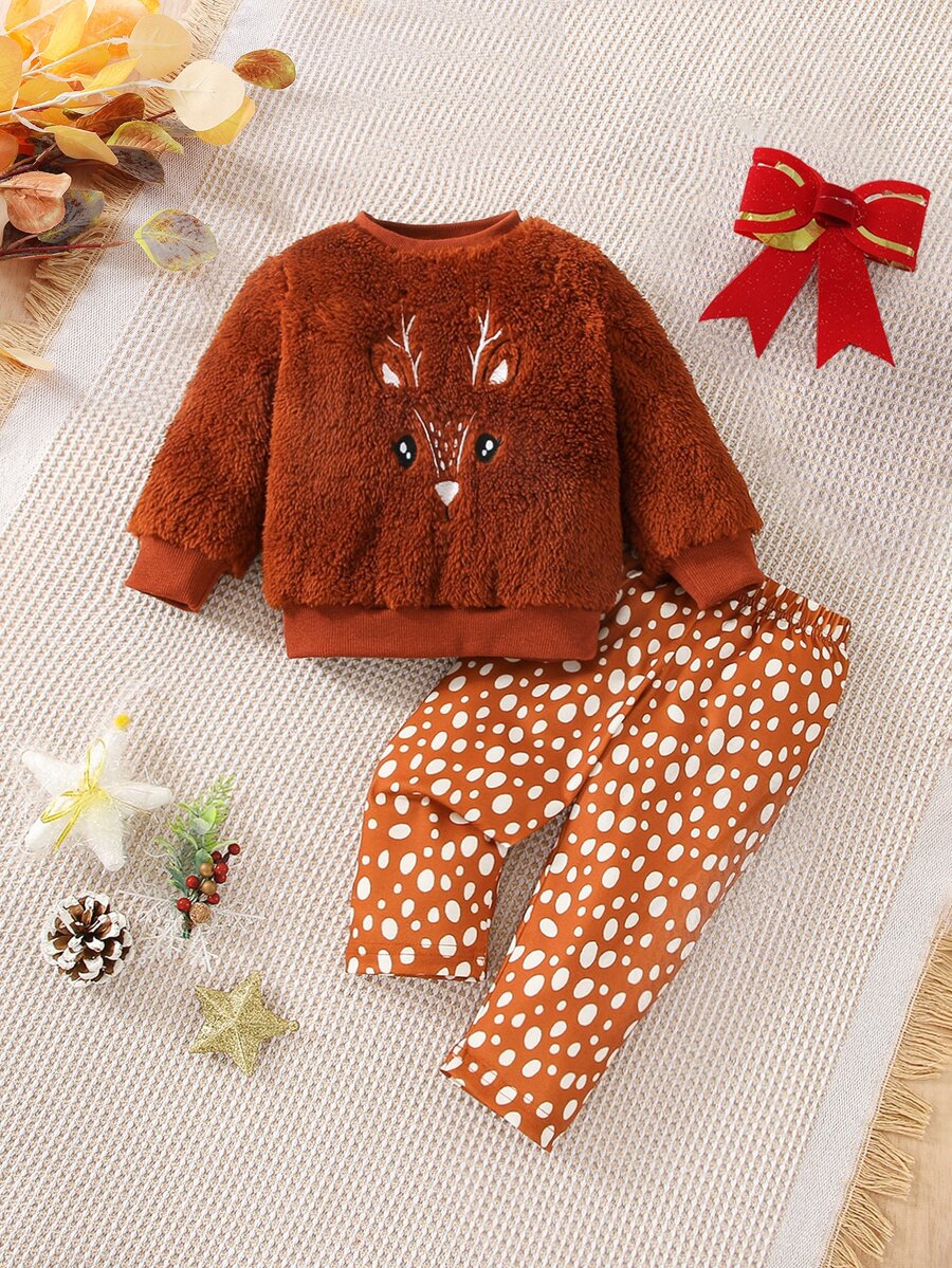 Baby Deer Embroidery Teddy Sweatshirt & Trousers - Multicolor - View 1
