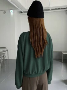 DAZY Letter Patched V Neck Drop Shoulder Sweatshirt Without Halter Top - Dark Green - View 2