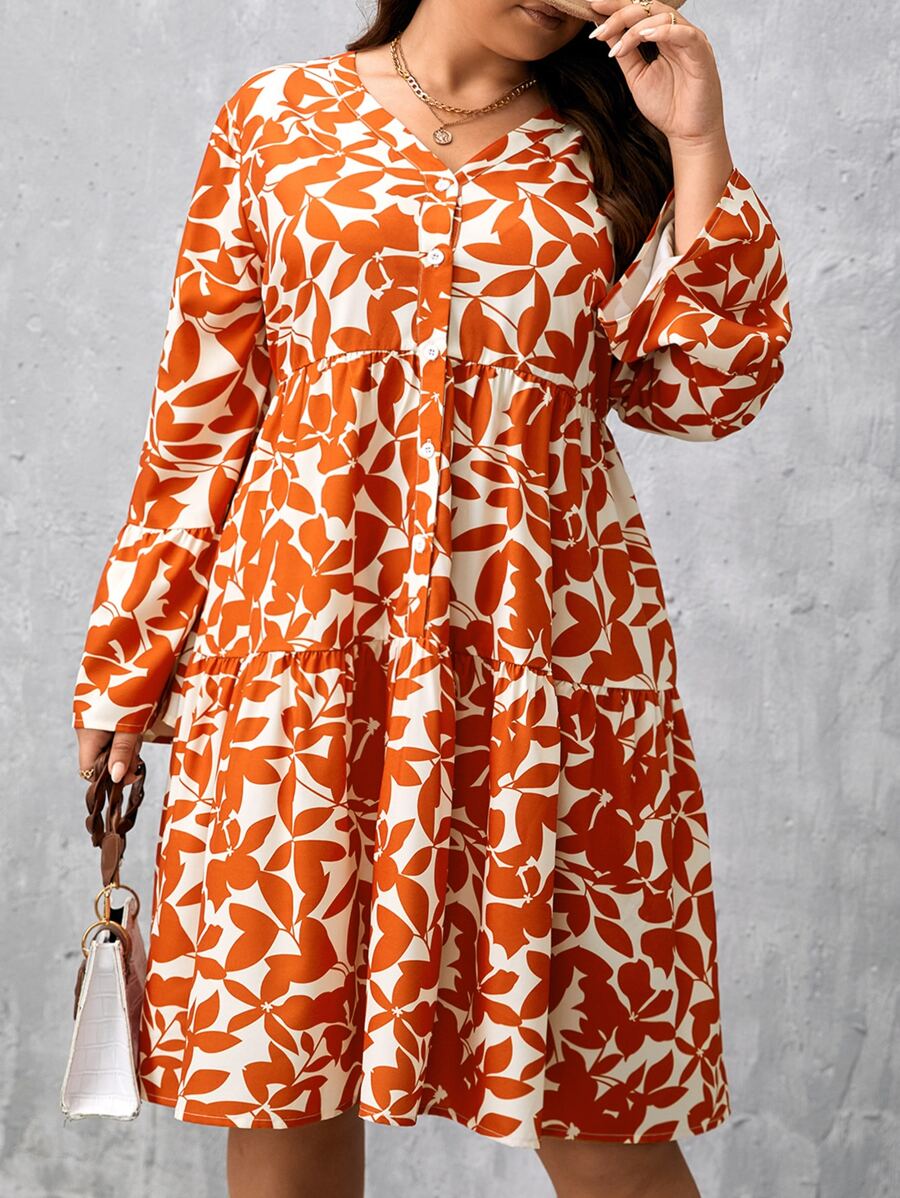 SHEIN Clasi Đầm Plus Size Viên lá sen Nút phía trước Tất cả trên in Thực vật Boho - Nhiều màu - Xem 1