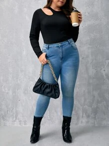 SHEIN Essnce Camiseta con abertura tejido de canalé - Negro - Ver 4