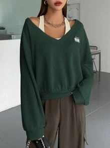 DAZY Letter Patched V Neck Drop Shoulder Sweatshirt Without Halter Top - Dark Green - View 3