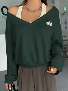 DAZY Letter Patched V Neck Drop Shoulder Sweatshirt Without Halter Top - Dark Green - View 4