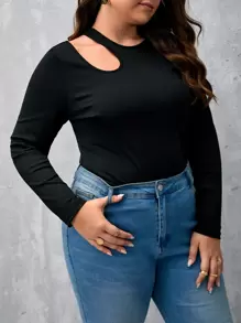 SHEIN Essnce Camiseta con abertura tejido de canalé - Negro - Ver 5