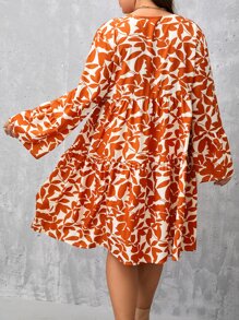 SHEIN Clasi Đầm Plus Size Viên lá sen Nút phía trước Tất cả trên in Thực vật Boho - Nhiều màu - Xem 2