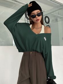 DAZY Letter Patched V Neck Drop Shoulder Sweatshirt Without Halter Top - Dark Green - View 5