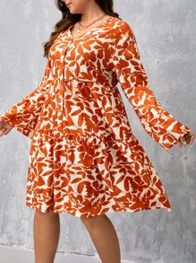 SHEIN Clasi Đầm Plus Size Viên lá sen Nút phía trước Tất cả trên in Thực vật Boho - Nhiều màu - Xem 3