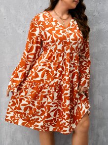 SHEIN Clasi Đầm Plus Size Viên lá sen Nút phía trước Tất cả trên in Thực vật Boho - Nhiều màu - Xem 5
