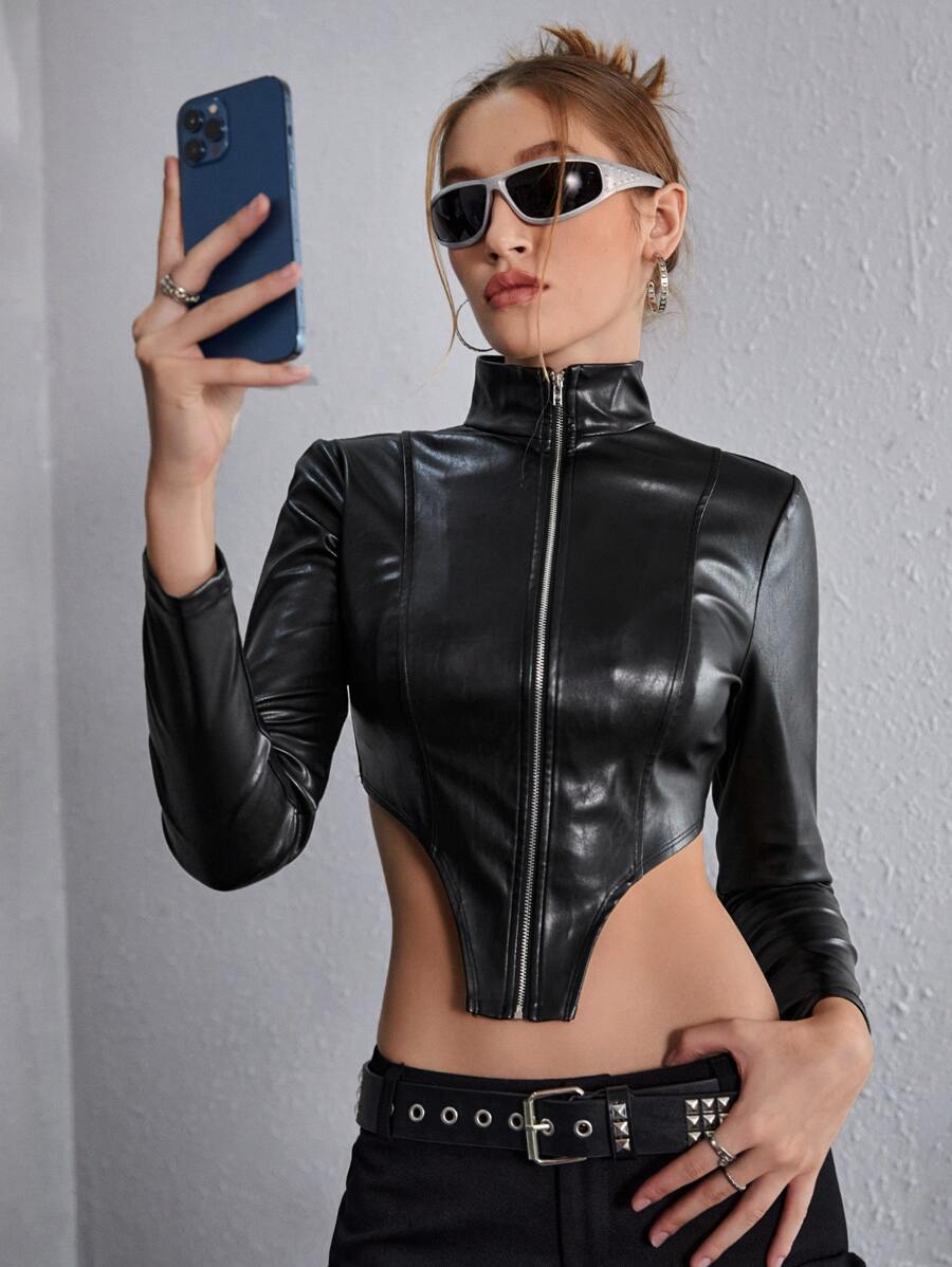 SHEIN ICON Bikercore拉鏈開襟不對稱下擺短款PU皮革襯衫 - 黑色 - 查看 1