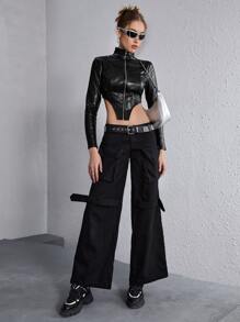 SHEIN ICON Bikercore拉鏈開襟不對稱下擺短款PU皮革襯衫 - 黑色 - 查看 5