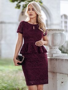 MIUSOL Keyhole Neck Peplum Lace Dress - Maroon - View 4