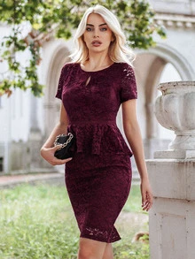 MIUSOL Keyhole Neck Peplum Lace Dress - Maroon - View 5